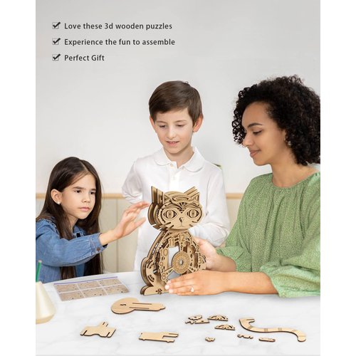 Wooden 3D Puzzles for Adults Model kit Cat Clock Kids Wall Clock Decor for Birthday Gift/Christmas Day