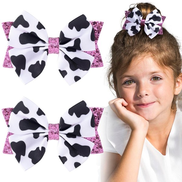 Mxxipp Cow Print Hair Bow Clips,2PCS Bow Hair Clips with Pink Grosgrain Ribbon,Cute Cow Print Clips Hair Accessories for Children Girls Birthday Party Decorat
