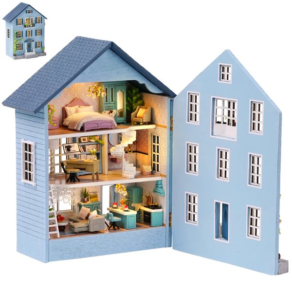 Spilay Dollhouse DIY Miniature Wooden Furniture Kit,Mini Handmade Doll House with LED,1:24 Scale Creative Woodcrafts Toys for Adult Friend Lover Birthday Gift D031