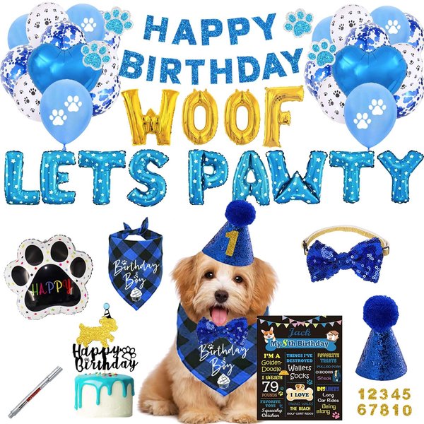 Dog Birthday Party Supplies, Hombae Puppy Dog Pals Birthday Party Supplies Balloon Let’s Pawty Banner Dog Hat Crown Bandage Bow Tie Poster Cake Topper Woof Blue