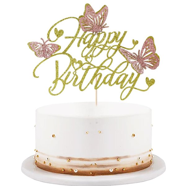 gold Happy Birthday Cake Topper- 3d Handmade Butterfly Cake Decorations，Summer themed for Baby Shower, Boys Girls Kids Birthday Party Decoration Supplies