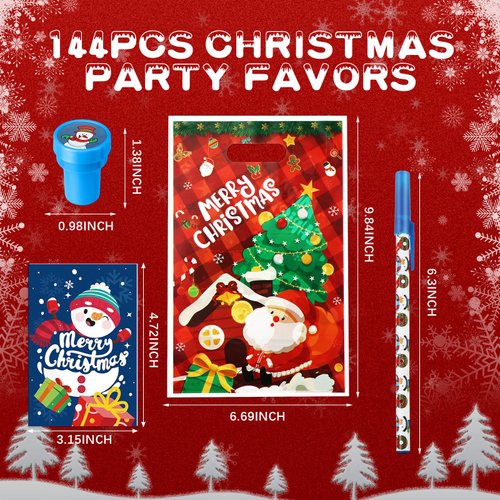 Moinchore 144 Pcs Christmas Stationery Party Favor Christmas School Stationery Set Classroom Christmas Gifts Xmas Stamps Pens Bags Holiday Notepads for Goodie Bag Stuffers Exchange Prizes