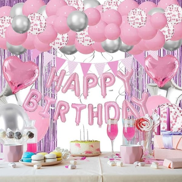 Pink Birthday Decorations for Women Girls, Happy Birthday Party Decorations, Pink Silver Balloons, Happy Birthday Banner, Pink Fringe Curtain, Pink Confetti Balloons for Birthday Party Supplies