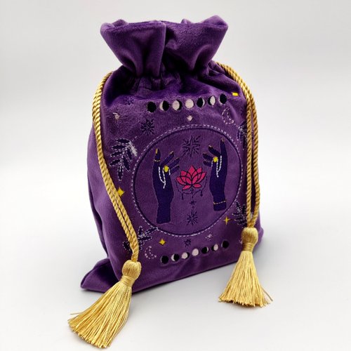 La Muci Velvet Tarot Card Bag - Drawstring Pouch for Tarot Deck Storage - Magic Purple Moon Lotus Bag- Jewelry Storage & Gift Bag with Gold Tassel Drawstrings, 6.6 x 9 inches