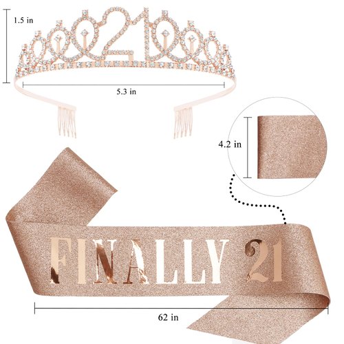 KICOSY 21st Birthday Crowns and Sashes for Women, Birthday Sash Princess Tiara Headband Elegant Rose Gold Crown with Combs for Girls Crystal Tiaras Birthday Headpieces for Party Hair Accessories Gifts
