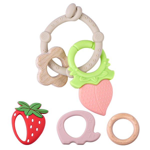 TYRY.HU Baby Teething Ring(6 Pack), Multi Use Baby Toy Ring - Attach Toys & Teethers to Stroller, Car Seat & More,Soft-Textured Sensory Chew Rings & Wood Teether Soothe Babies Gums for Infant,Khaki