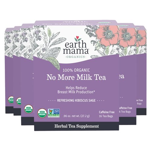 Earth Mama No More Milk Tea | Organic Herbal Tea Bags to Reduce Breast Milk Production, Stop Breastfeeding, & Wean Lactation Naturally, Postpartum Essentials, Hibiscus & Sage Decaf Tea (16-Count, 6PK)