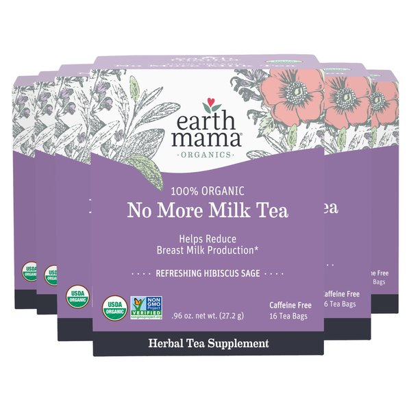 Earth Mama No More Milk Tea | Organic Herbal Tea Bags to Reduce Breast Milk Production, Stop Breastfeeding, & Wean Lactation Naturally, Postpartum Essentials, Hibiscus & Sage Decaf Tea (16-Count, 6PK)
