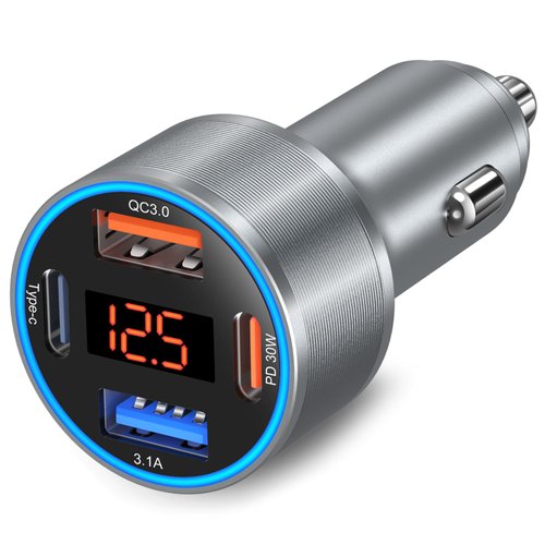 Car Charger USB C, 65W Dual 12V Cigarette Lighter USB Car Adapter with Voltage Display Multi Port PD/QC 3.0 Super Fast Charging Car Phone Charger for iPhone 16 15 14 13 12 Pro,Tablet,Android(Gray)