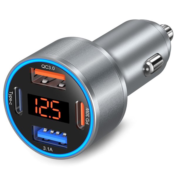 Car Charger USB C, 65W Dual 12V Cigarette Lighter USB Car Adapter with Voltage Display Multi Port PD/QC 3.0 Super Fast Charging Car Phone Charger for iPhone 16 15 14 13 12 Pro,Tablet,Android(Gray)