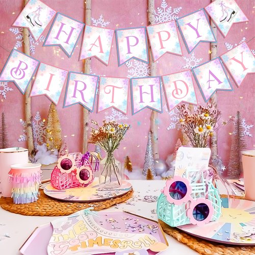 Kreatwow Ice Skating Birthday Party Decorations Pink Purple Ice Skating Snowflake Happy Birthday Banner for Winter Wonderland Decorations Girls Snowflake Birthday Party Decorations