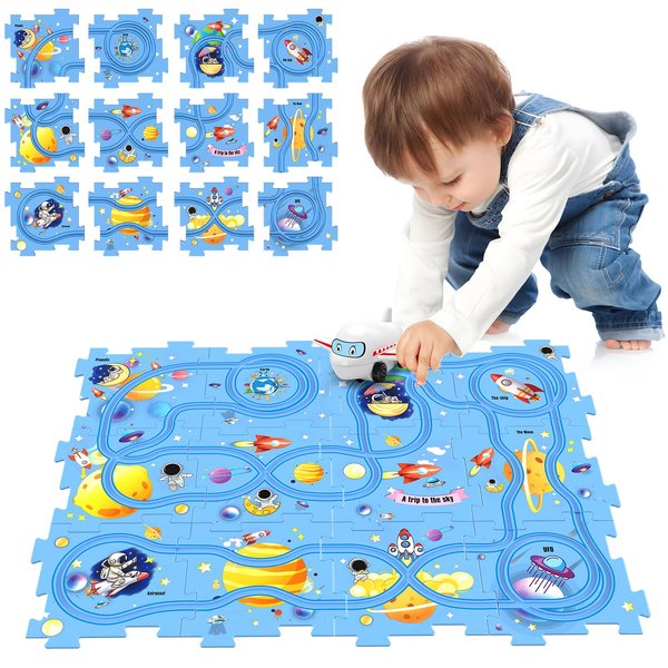 Puzzle Track Car Play Set, Plastic Puzzle Board & Battery Operated Toy Vehicle, Puzzles for Kids Ages 3-5, Toddlers Puzzle Rail car, Montessori Toys Gifts for 3 4 5 6 Year Old Boys Girls