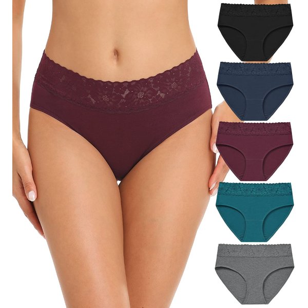 RHYFF Womens Underwear Cotton Hipster Panties Lace Soft Bikini Panty Ladies Stretch Full Briefs 5 Pack S-XL(R6004L-Dark)