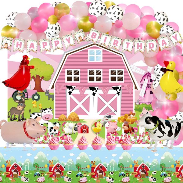 Fiesec Farm Party Decorations, Pink Barnyard Farm Animal Themed Birthday Party Decorations Girl Backdrop Balloon Arch Garland Banner Tablecloth Cake Cupcake Topper