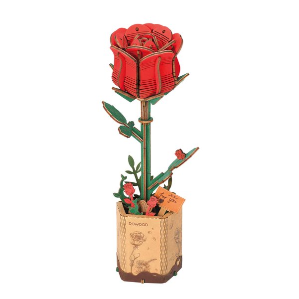 rowood 3D Puzzle Wooden Flower,DIY Artifical Flower Building Toy Set Craft Kit for Women,Mother's Day/Valentine's Day/Teacher's Day/Thanksgiving/Christmas/Birthday Gift -Red Rose