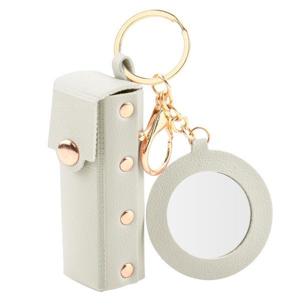 Beautyflier Lipstick Organizer Keychain Chapstick Case with Mirror for Women, Portable Lipstick Leather Holder Lip Gloss Bag Lip Balm Case for Travel, Party, Holiday Gifts (Gray, Round)
