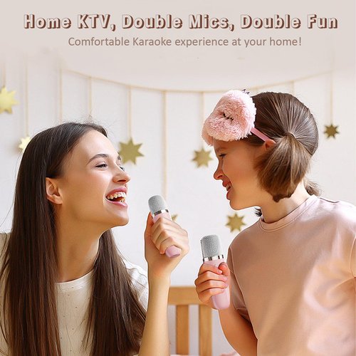 Mini Karaoke Machine for Kids, Portable Bluetooth Speaker with 2 Wireless Microphones HiFi Music Player, Retro Microphone and Speaker Set Gifts for Kids Birthday Home Party (Pink)