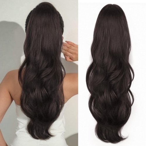 Stamped Glorious Ponytail Extension Drawstring Ponytail Extension for Women 26 Inch Long Wavy Layered Pony Tails Hair Extensions Clip in Ponytail Hairpiece for Daily Party Use（Dark Brown）