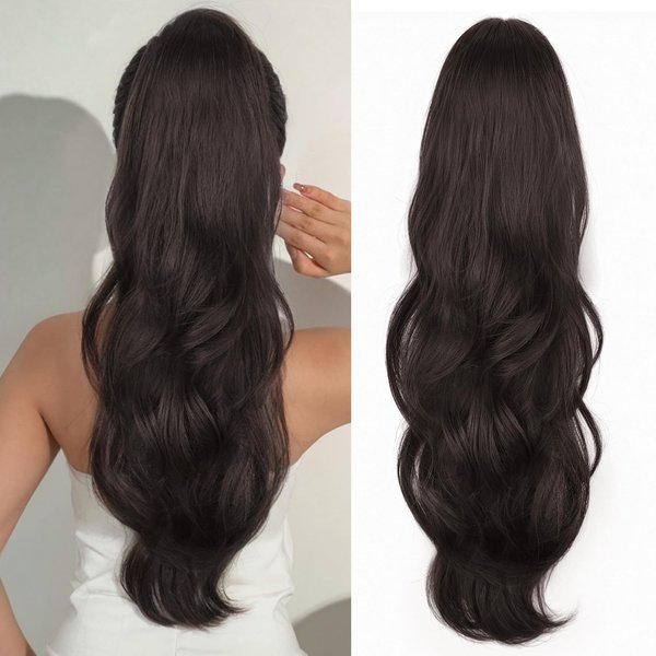 Stamped Glorious Ponytail Extension Drawstring Ponytail Extension for Women 26 Inch Long Wavy Layered Pony Tails Hair Extensions Clip in Ponytail Hairpiece for Daily Party Use（Dark Brown）