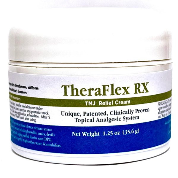 Theraflex RX® TMJ Cream (Doctor Formulated). This is a Patented Topical Cream which Provides Masseter Muscle and temporomandibular Joint Relief (TMJ)
