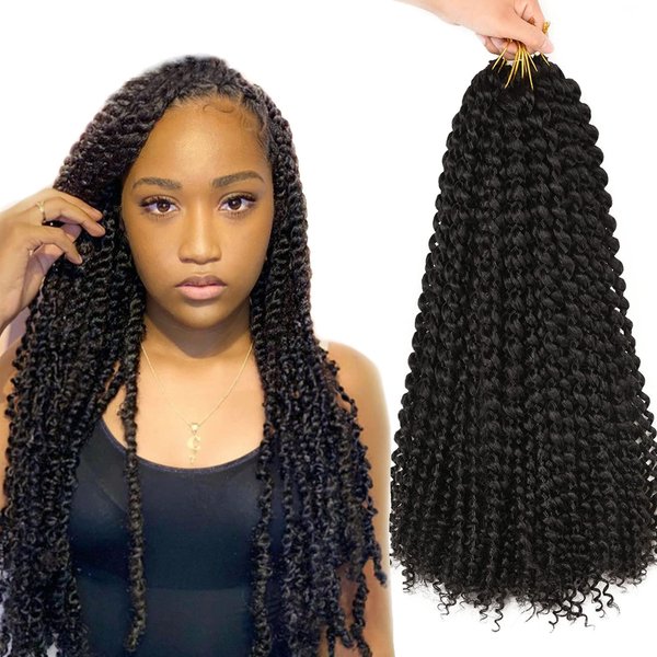 Passion Twist Hair 14inch Water Wave Synthetic Black Curly Braids for Passion Twist Goddess Locs Short Bohemian Curl Crochet Braiding Hair Extensions For Woman Girls(14inch, 1B)
