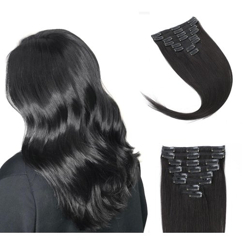 ANRY 16 Inch Clip in Hair Extensions Straight 8pcs Human Hair Extensions Clip Ins 1B Natural Black Hair Extensions Real Human Hair Clip Ins
