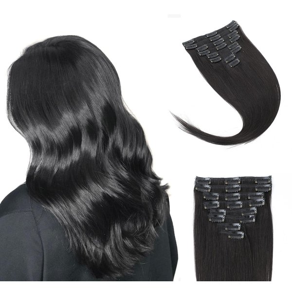 ANRY 16 Inch Clip in Hair Extensions Straight 8pcs Human Hair Extensions Clip Ins 1B Natural Black Hair Extensions Real Human Hair Clip Ins