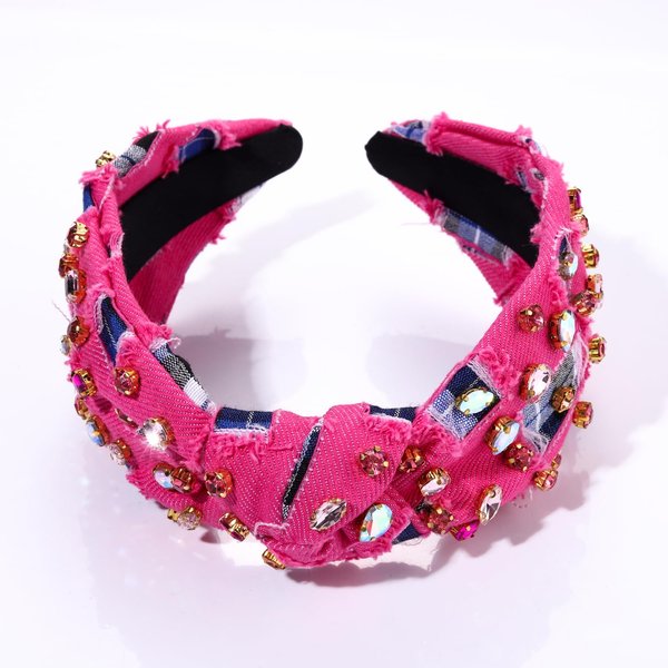 ZITULRY Crystal Knotted Headband for Women Denim Headbands Rhinestone Jeweled Embellished Denim Checkered Top Knot Hairband Statement Blue Jean Wide Turban Hair Hoop Accessories (Denim Rose Red)
