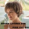 Aisaide Short Pixie Cut Bob Wig Dark Brown Mixed Highlight Ash Blonde Straight Bob Wigs for Women Short Layered Wigs for White Women Synthetic Short Brown Medium Length Wig with Bangs