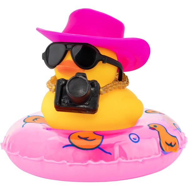 wonuu Rubber Duck Dashboard Decorations Camera Duck Car Accessories for Car Ornament with Mini Hat Swim Ring Necklace and Sunglasses,B_pink&cowboy hat and pink ring