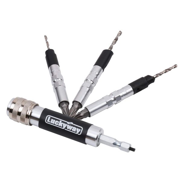 Luckyway 4-Piece Quick Change Drill and Drive Set,Countersink Drill Bit Set,Including 1pc #6, 1pc #8, 1pc #10 Wood Countersink Drill Bit and 1pc Quick Change Drill Flip Drive Unit