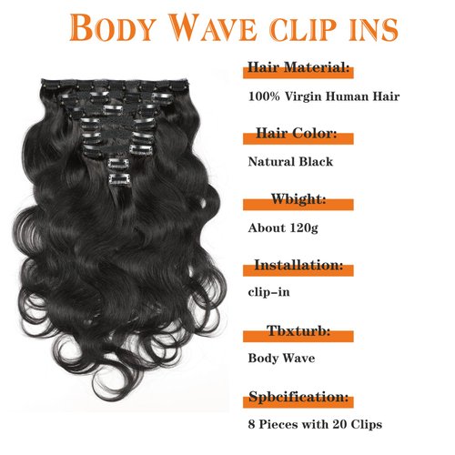 Yacurcur Body Wave Clip Ins Human Hair 8Pcs/Set 120 Gram Body Wave Clip in Hair Extensions 10A Brazilian Virgin Human Hair for Black Women Natural Black Color 16 Inch