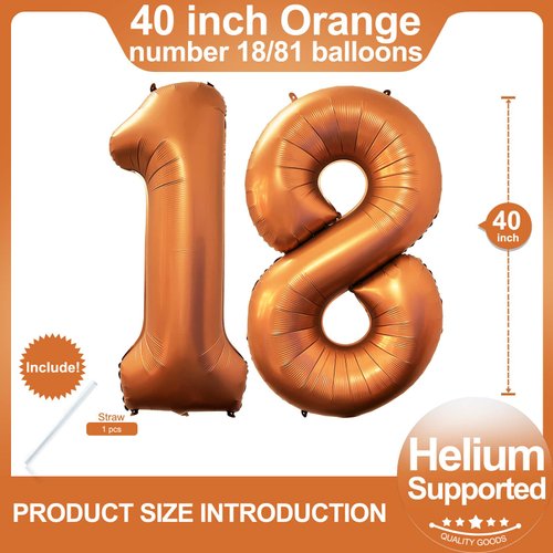 Number 18 Orange Balloons 40 Inch Giant Orange 18 Number Foil Helium Balloons for 18th Orange Birthday Party Supplies 18th Anniversary Events Decorations