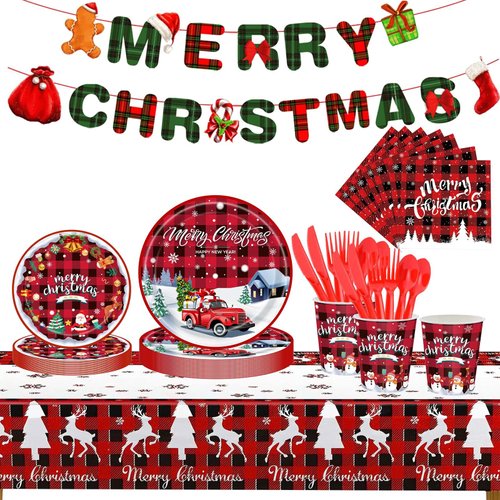 170 Pcs Christmas Tableware Disposable Party Supplies, Red Christmas Decorations Set with Plates and Napkins, Cups, Tablecloth Kit Serves 24 Guests for Xmas Holiday Party Décor
