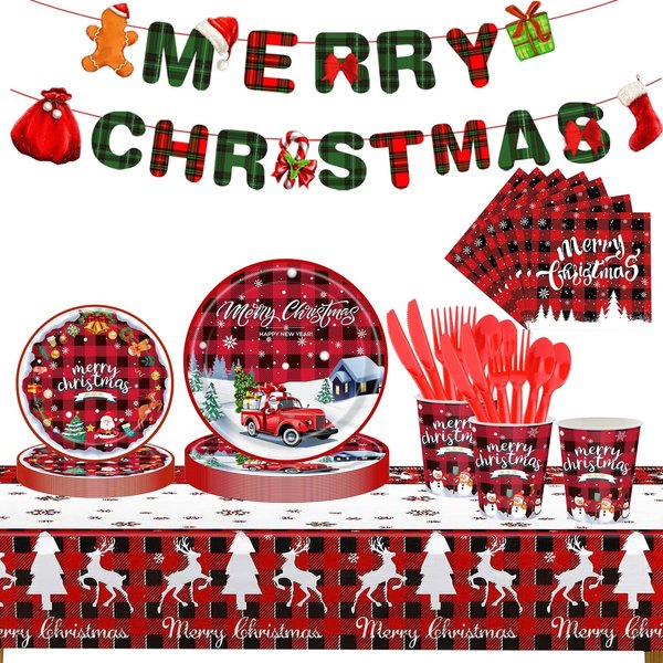 170 Pcs Christmas Tableware Disposable Party Supplies, Red Christmas Decorations Set with Plates and Napkins, Cups, Tablecloth Kit Serves 24 Guests for Xmas Holiday Party Décor