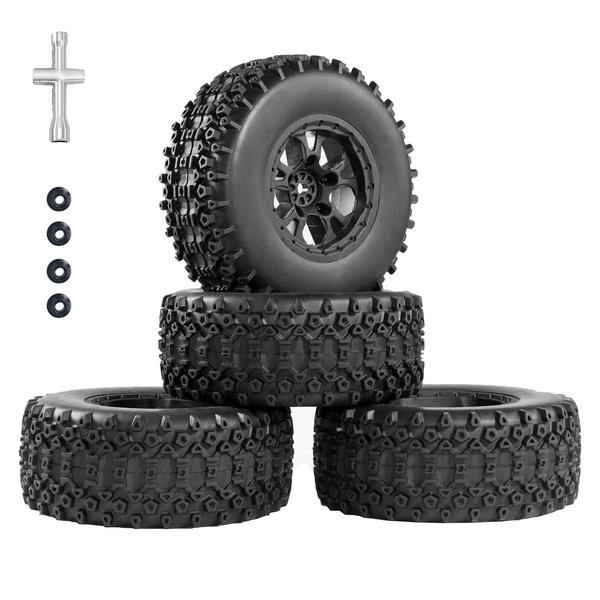 RC Station 12mm Hex RC Wheels and Tires 1/10 Scale Pre-Glued RC Short Course Truck Tires and Wheels with Foam Inserts for Traxxas Slash Tires Arrma Senton Tires and Wheels 4PCS Black 3