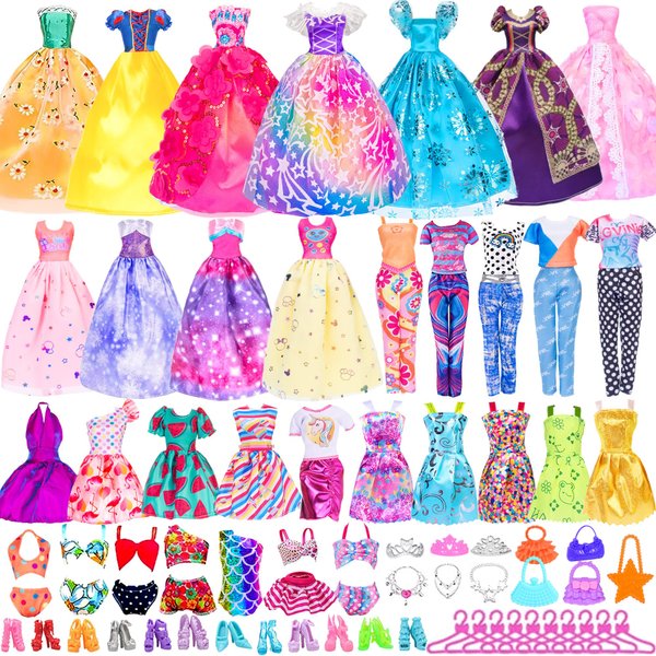 48 pcs Doll clothes and Accessories, 2 Long Princess Dress, 2 Long Party Dresses, 2 Short Dresses, 2 Tops, 2 Pants, 5 Slip Skirts, 2 Bikinis and 31pcs Doll Accessories for 11.5 inch Dolls (No Doll)