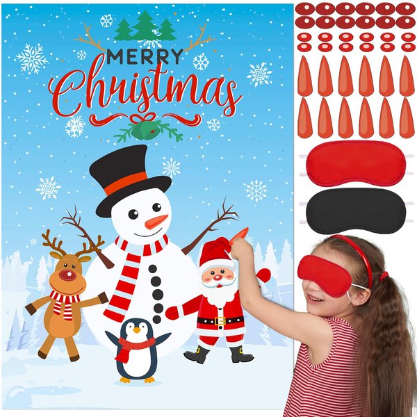 Christmas Games for Families, Pin The Nose on The Snowman Reindeer Santa Claus with Carrot Nose Reusable Stickers Christmas Games for Kids Teens Indoor Games Christmas Party Favors