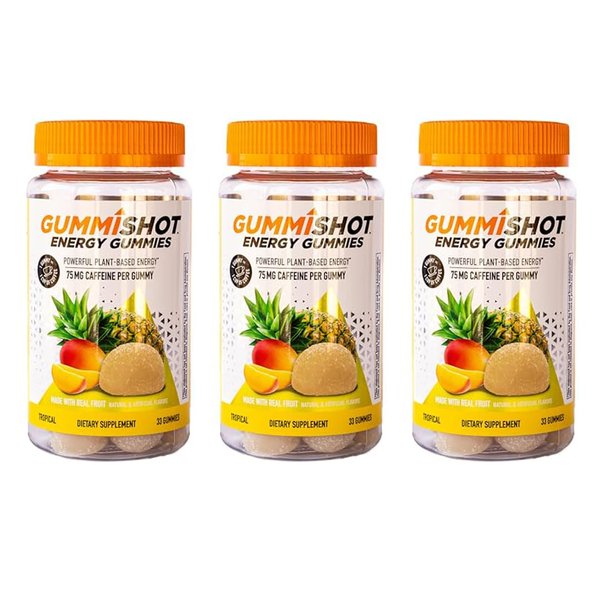 GummiShot Energy Gummies, 2475mg of Plant-Based Caffeine Chews per Bottle, Long Lasting Energy Boosters, Tropical (33ct), Pack of 3