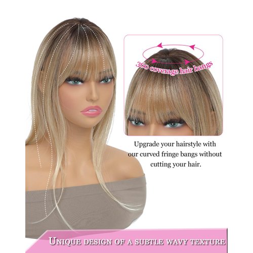 MORICHY Clip in Bangs 360° Bangs Hair Clip Fake Bangs with Long Layered Hair Clip in Hair Extensions Clip on Bangs for Women Curved Bangs for Daily Use Light Brown to Blonde Ombre