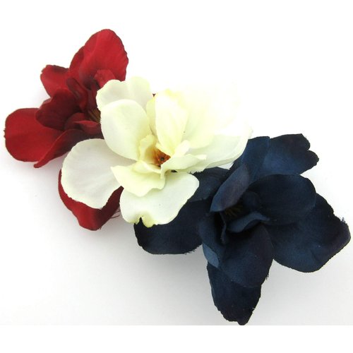 Triple Red White Blue Apple Blossom Silk Flower Hair Clip with Teeth