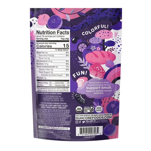 Suncore Foods Organic Indigo Blueberry Powder, Purple Food Coloring Powder, Gluten-Free, Non-GMO, Organic, 5oz (1 Pack)