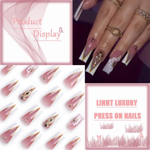 Light Luxury V French Tips Press on Nails with Rhinestones Designs, Glossy Glitter Medium Coffin Length Fake/False Nails Full Cover Acrylic Nails X Glue Stick on Artificial Fingernails for Women Girls