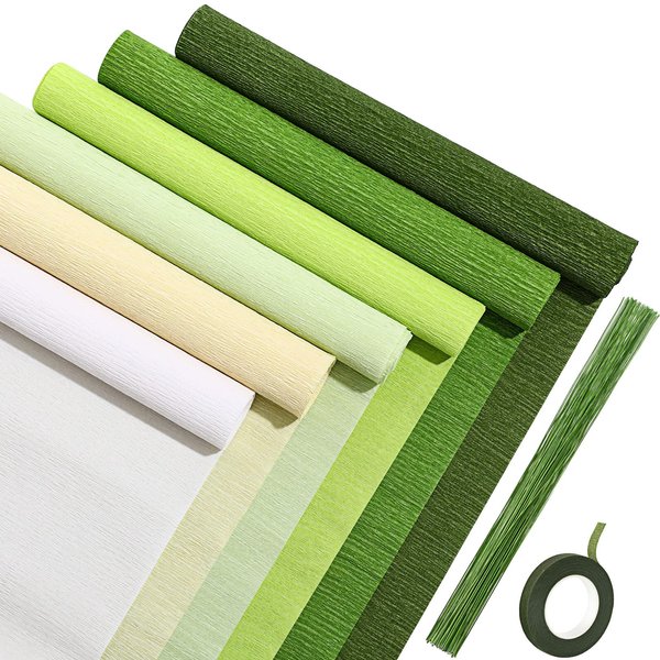 Gersoniel 57 Pieces Crepe Paper Flower DIY Kits 6 Rolls 35g Crepe Paper Rolls 50 Pcs Floral Iron Wire 1 Roll 50 Meter for Birthday Party Wedding (Green Series)