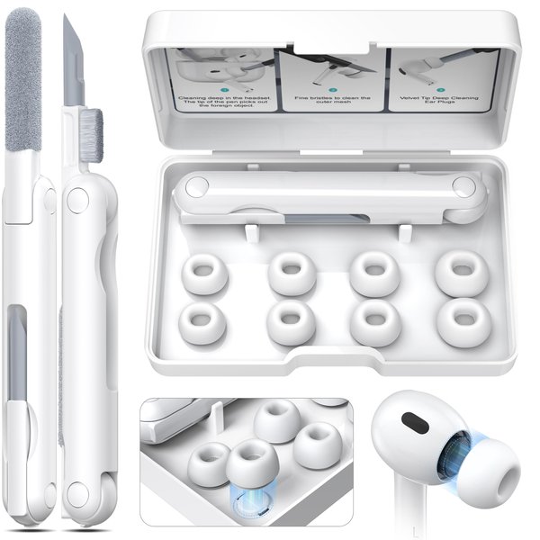 AirPods Pro 2nd Generation/1st Generation Earbuds (8 Earbud mounting Slots with Noise-canceling Holes and Built-in dust mesh), USB-C Charging Cradle, and Cleaning kit. 4 Pairs (XS/S/M/L), White