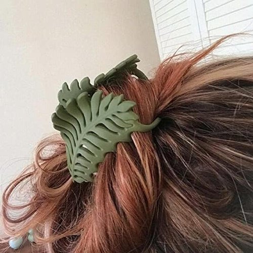 Junfamilee Hair Clip, 1Pc Green Leaf-shaped Hair Clip with Many Teeth, Big Claw Clips, 3.5 Inch, Non slip Leaves Hair Catch Barrette Jaw Clamp Hairpins for Women Girls, Hair Accessories