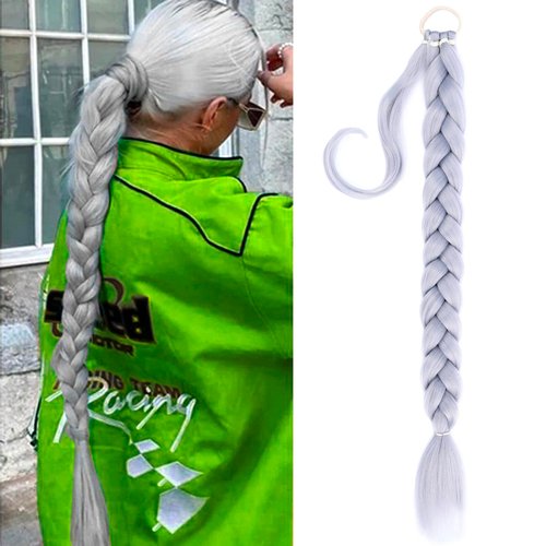 VOPPIS Long Braided Ponytail Extension 30 Inch Pre stretched Braiding Hair Extensions DIY Braid Ponytail Natural Soft Synthetic Hair Piece (Gray, 30inches)