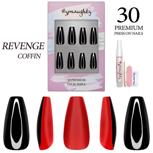 Hypnaughty 30 Pcs Revenge Coffin Black Glossy Press On Nails With Bright Matte Red Underneath & Nail Kit With Glue (Revenge Coffin)