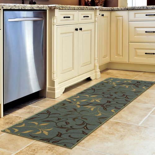 Machine Washable Leaves Design Non-Slip Rubberback 2x5 Traditional Runner Rug for Hallway, Kitchen, Living Room, Bedroom, Entryway, 20" x 59", Seafoam Green