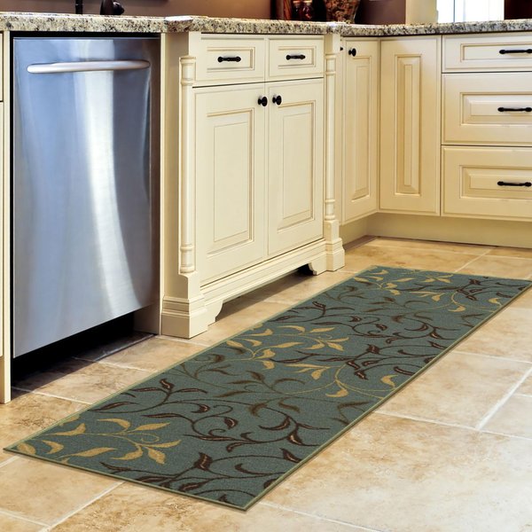 Machine Washable Leaves Design Non-Slip Rubberback 2x5 Traditional Runner Rug for Hallway, Kitchen, Living Room, Bedroom, Entryway, 20" x 59", Seafoam Green